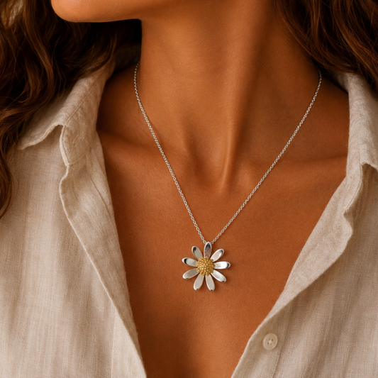 Large Sterling Silver Daisy Pendant Necklace with Gold Vermeil Centre, view 2