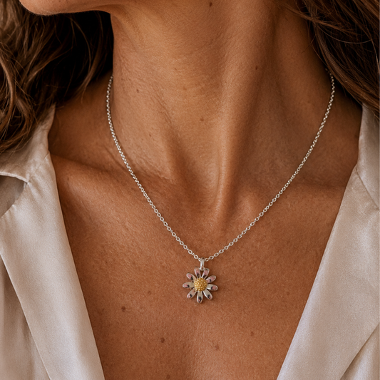Small Sterling Silver Daisy Pendant Necklace with Gold Vermeil Centre, view 2