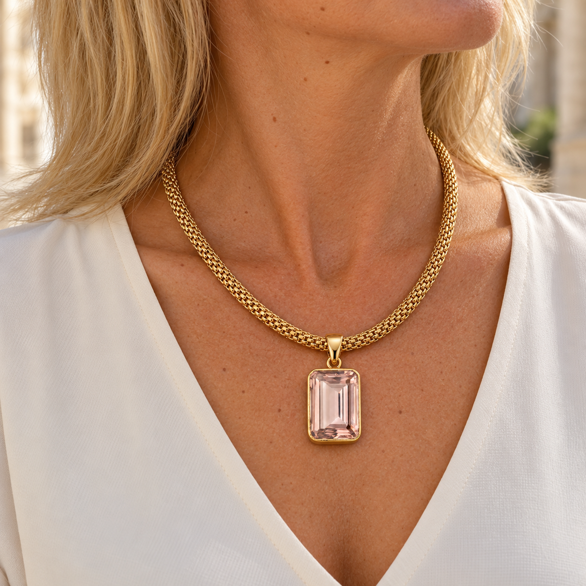 Gold Vermeil Blush Pink Synthetic Quartz Rectangular Pendant with Woven Rope Collar, worn