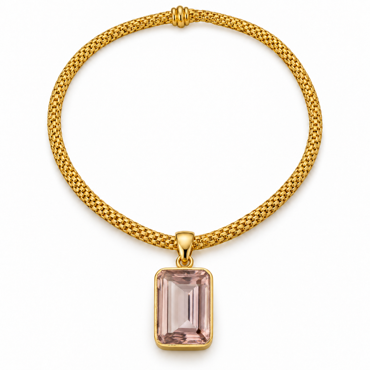 Gold Vermeil Blush Pink Synthetic Quartz Rectangular Pendant with Woven Rope Collar, packshot