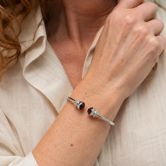 Sterling Silver Amethyst and Cubic Zirconia Hinged Torq Bangle, view 2
