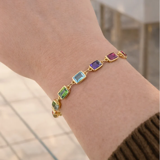 Gold Vermeil Multi-Gemstone Rectangular Necklace Bracelet Earrings Set, view 3
