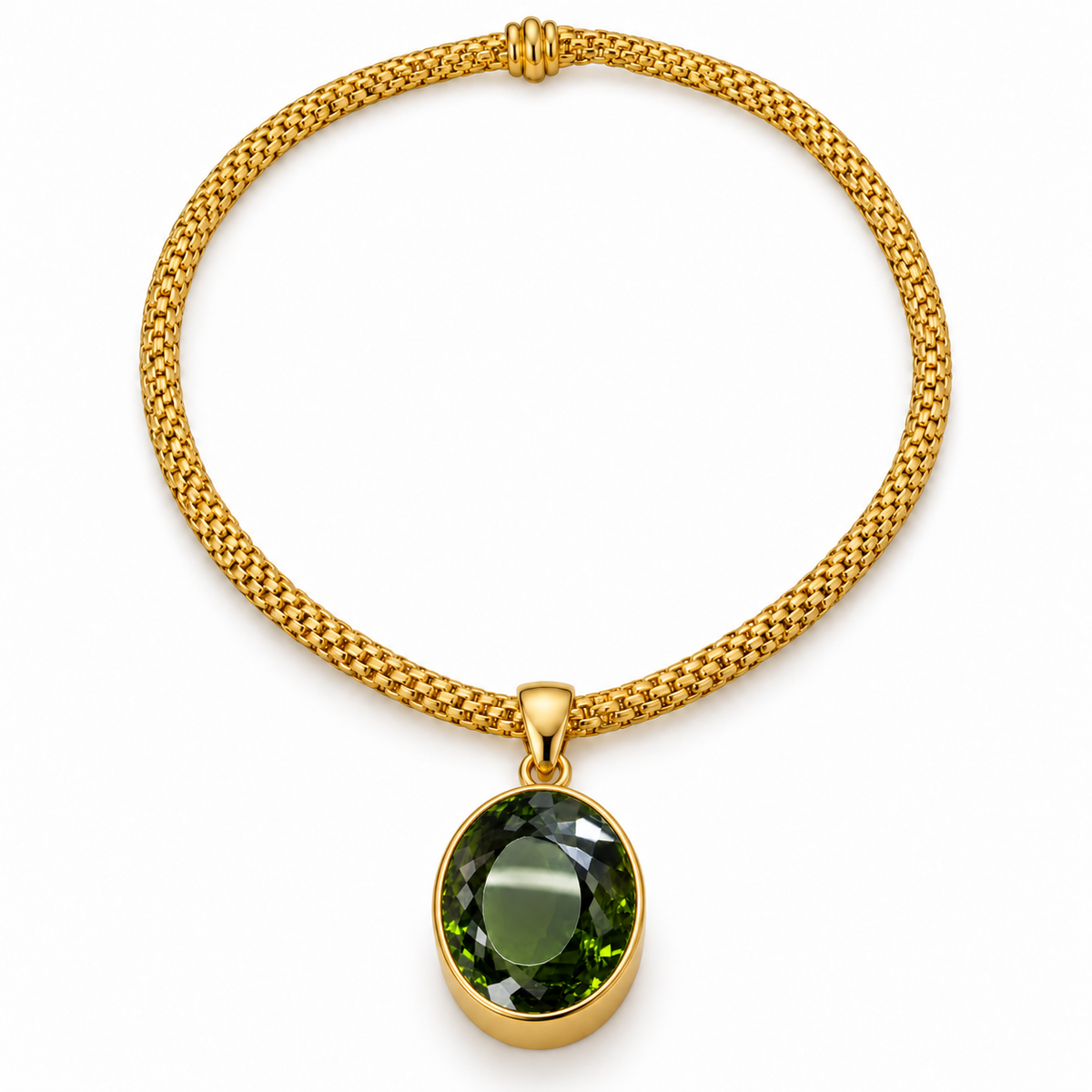 Gold Vermeil Large Oval Green Synthetic Quartz Pendant with Woven Rope Collar, packshot