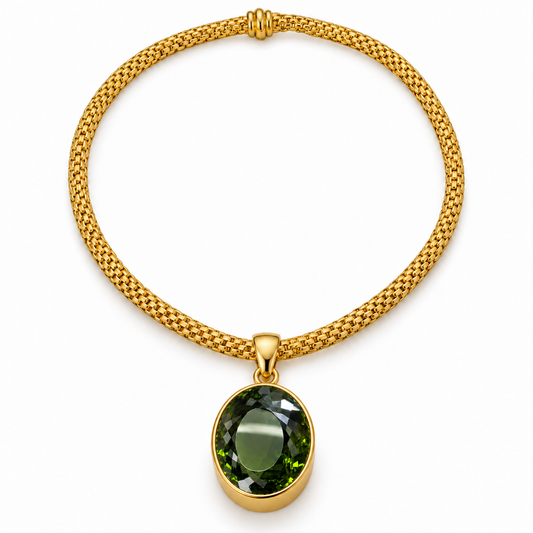 Gold Vermeil Large Oval Green Synthetic Quartz Pendant with Woven Rope Collar, packshot