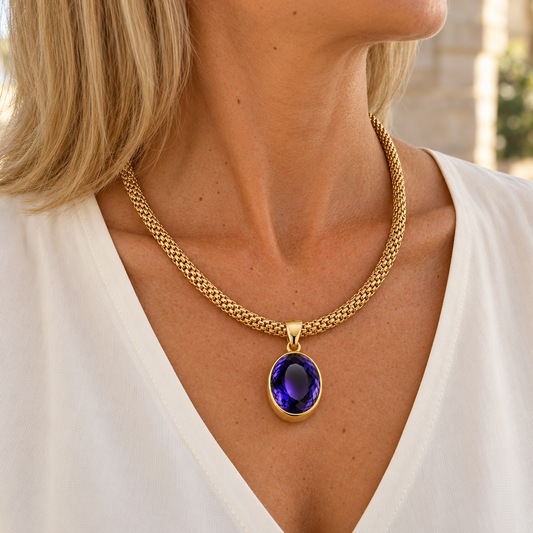 Gold Vermeil Indigo Synthetic Quartz Oval Pendant with Woven Rope Collar, worn