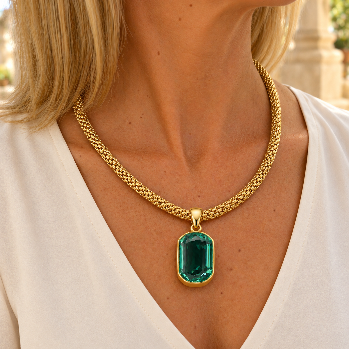 Gold Vermeil Large Jade Green Synthetic Quartz Stadium Pendant with Woven Rope Collar, worn