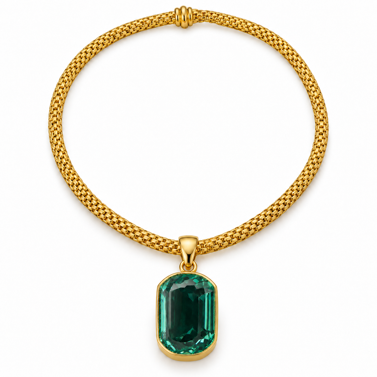 Gold Vermeil Large Jade Green Synthetic Quartz Stadium Pendant with Woven Rope Collar, packshot