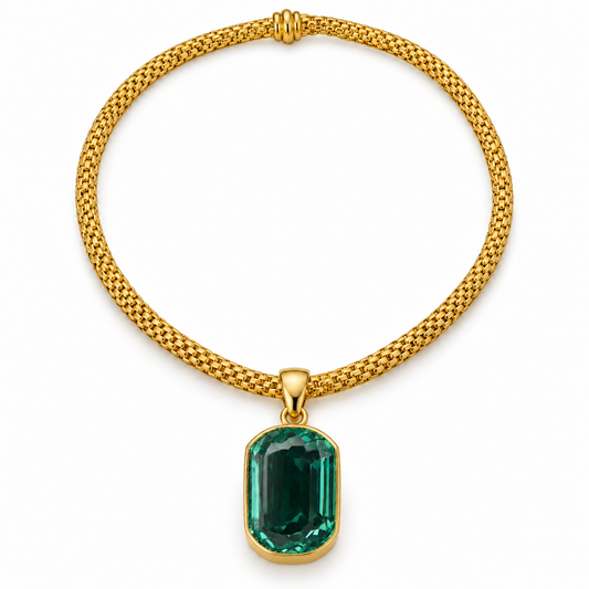 Gold Vermeil Large Jade Green Synthetic Quartz Stadium Pendant with Woven Rope Collar, packshot