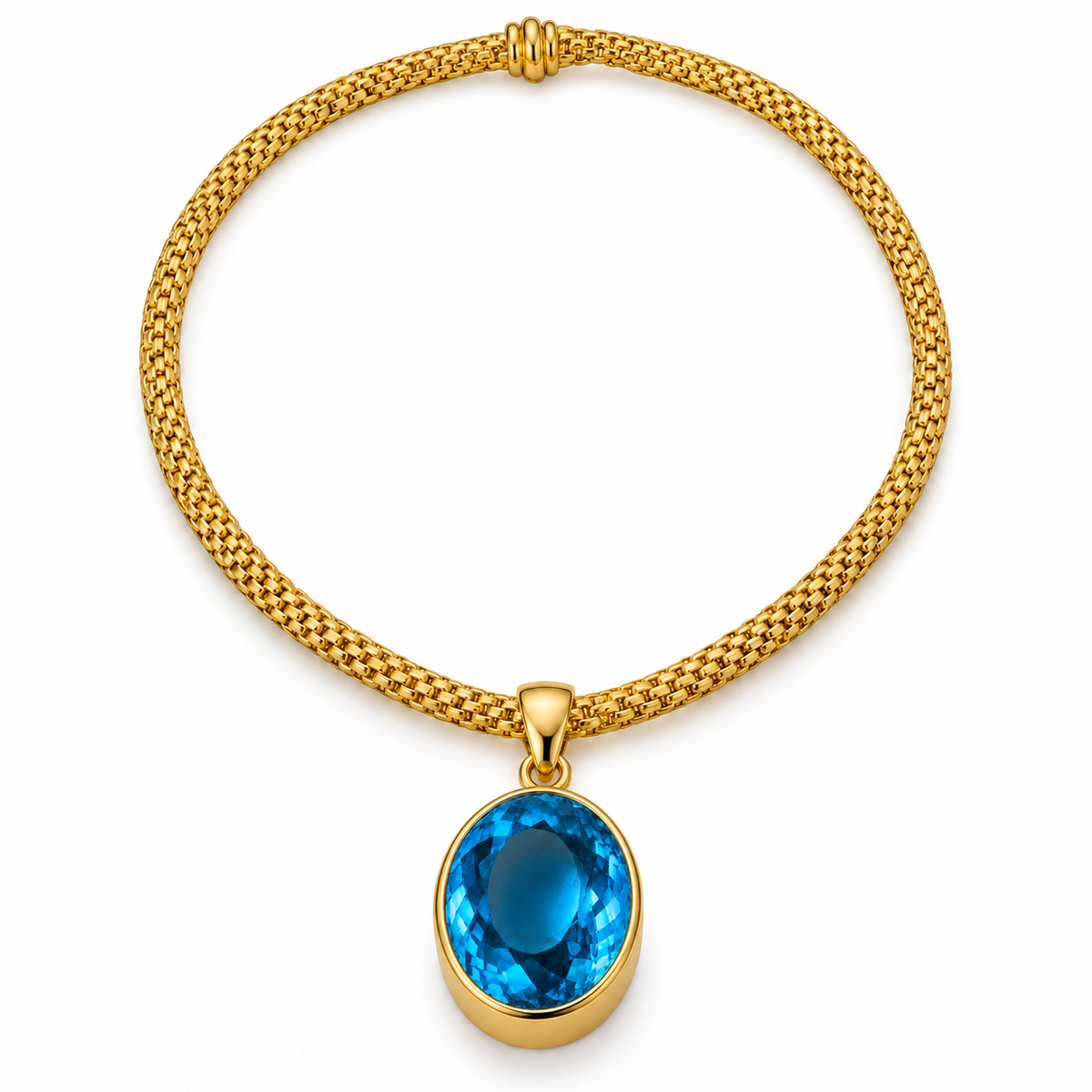 Gold Vermeil Sky Blue Synthetic Quartz Large Oval Pendant with Woven Rope Collar, packshot