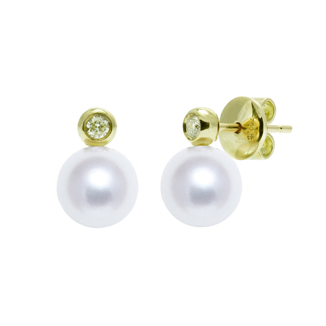 18ct Yellow Gold Diamond Set Cultured River Pearl Earring Studs