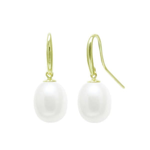 9ct Gold Shepherds Crook & White Cultured Pearl Drop Earrings