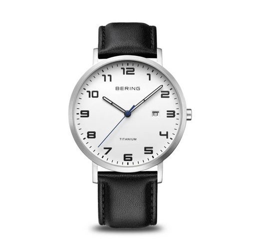 Titanium Brushed Silver Bering Men's Watch with Leather Strap