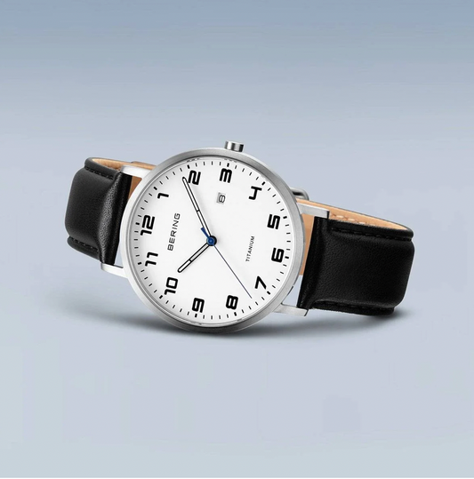 Titanium Brushed Silver Bering Men's Watch with Leather Strap, view 2