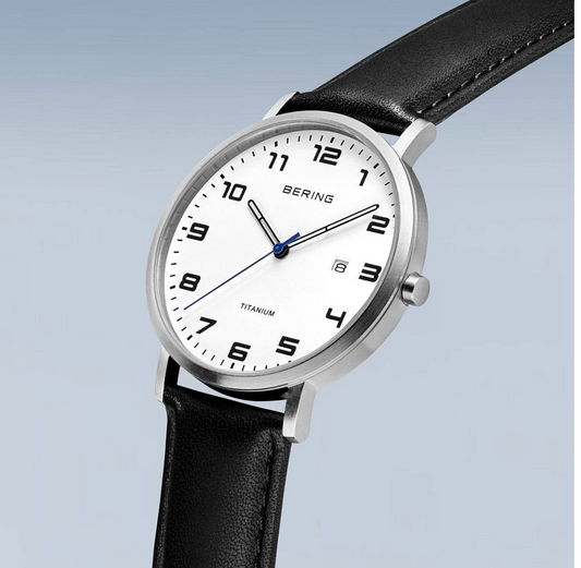 Titanium Brushed Silver Bering Men's Watch with Leather Strap, view 3