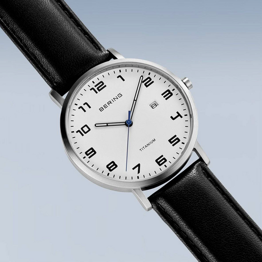 Titanium Brushed Silver Bering Men's Watch with Leather Strap, view 4
