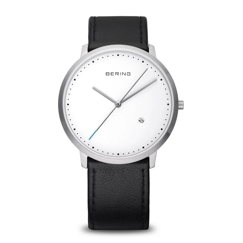 Classic Brushed Silver Bering Watch with Black Leather strap