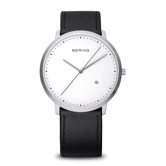 Classic Brushed Silver Bering Watch with Black Leather strap