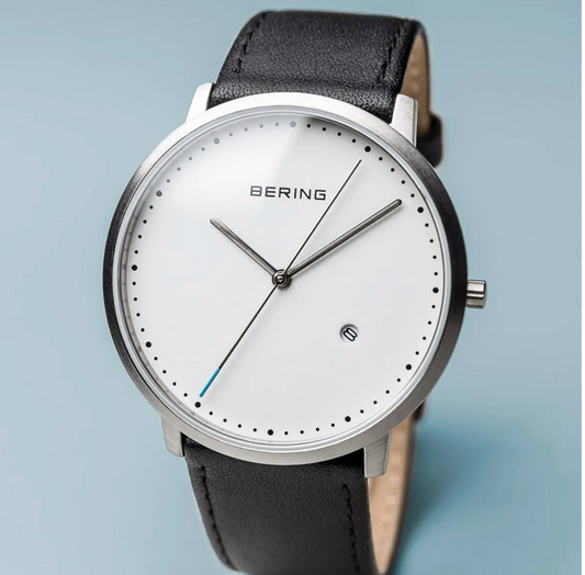 Classic Brushed Silver Bering Watch with Black Leather strap, view 2