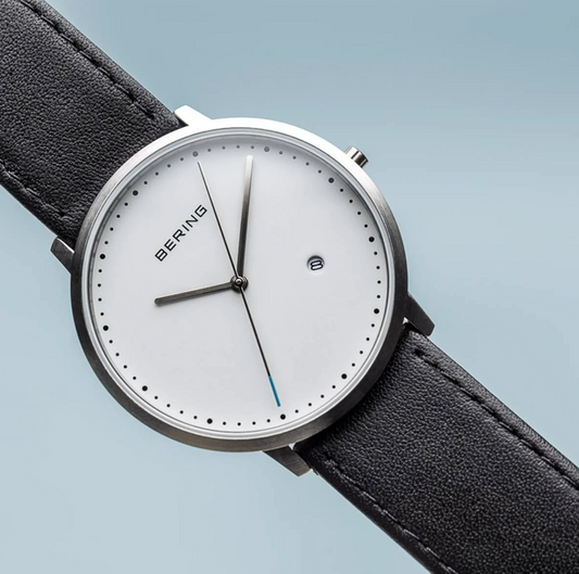 Classic Brushed Silver Bering Watch with Black Leather strap, view 3