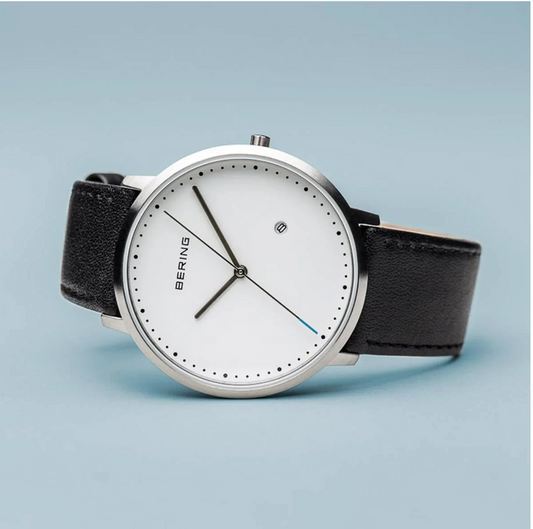 Classic Brushed Silver Bering Watch with Black Leather strap, view 4