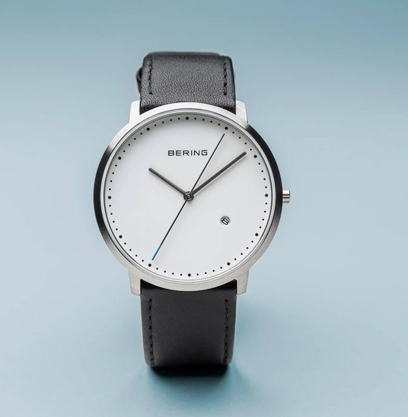 Classic Brushed Silver Bering Watch with Black Leather strap, view 5