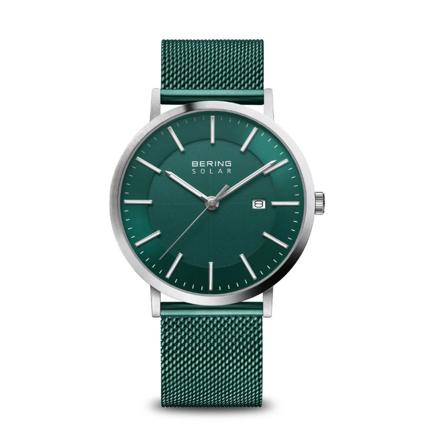 Bering Solar Brushed Silver and Green - Mens Watch with date