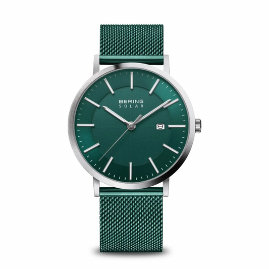 Bering Solar Brushed Silver and Green - Mens Watch with date