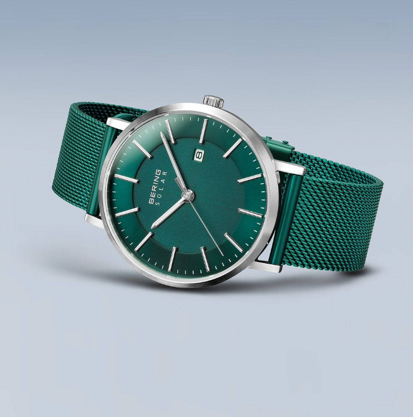 Bering Solar Brushed Silver and Green - Mens Watch with date, view 2
