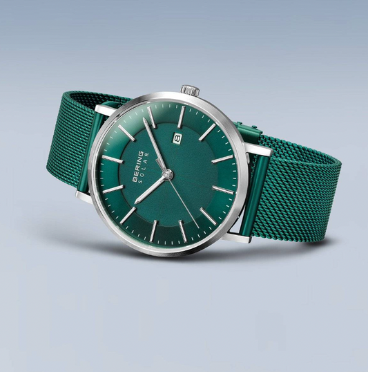 Bering Solar Brushed Silver and Green - Mens Watch with date, view 2