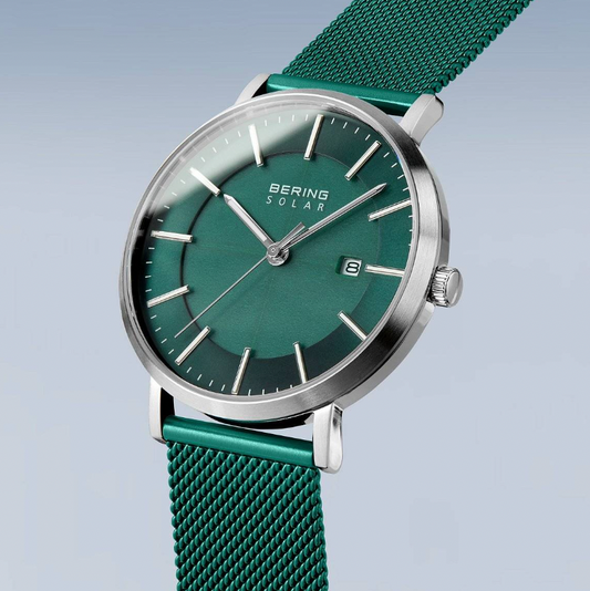 Bering Solar Brushed Silver and Green - Mens Watch with date, view 3