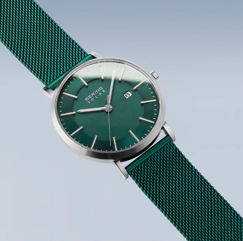 Bering Solar Brushed Silver and Green - Mens Watch with date, view 4