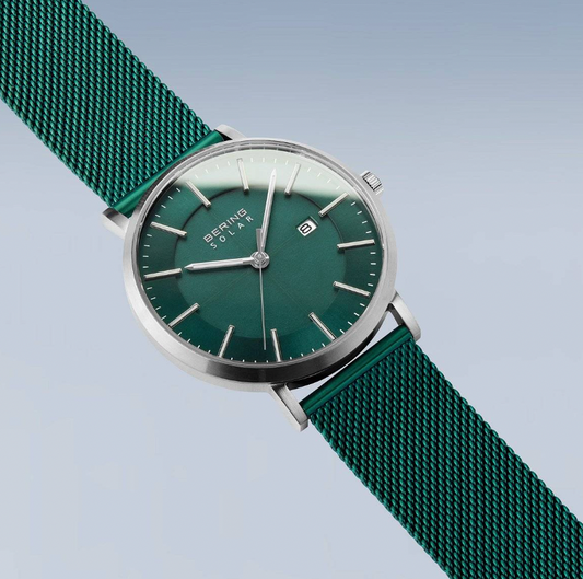 Bering Solar Brushed Silver and Green - Mens Watch with date, view 4