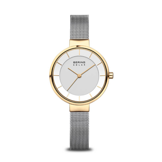 Solar Polished / Brushed Silver and Gold Thin Strap Female Watch
