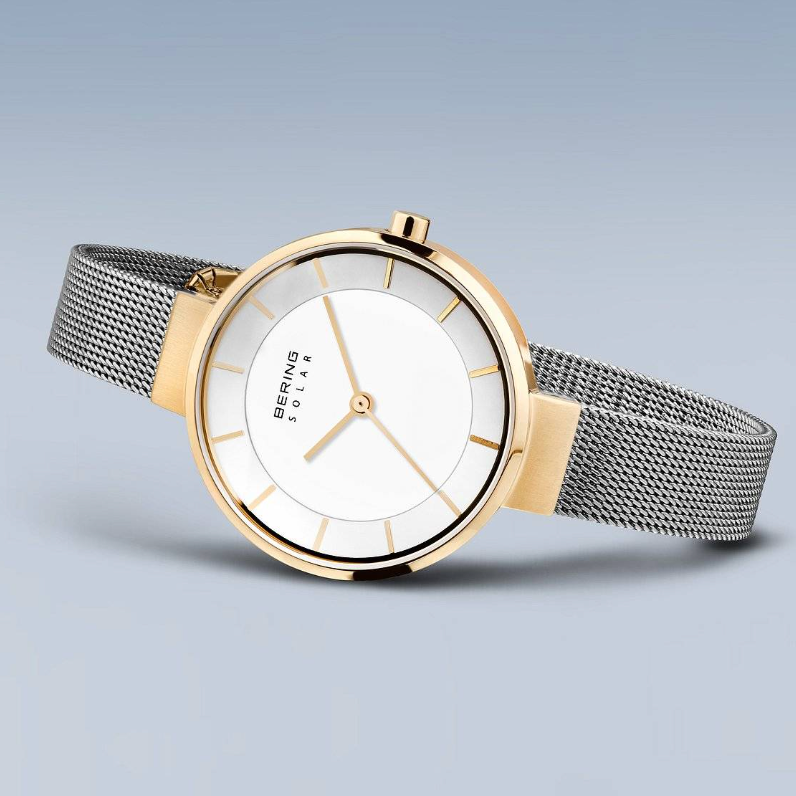 Solar Polished / Brushed Silver and Gold Thin Strap Female Watch, view 2