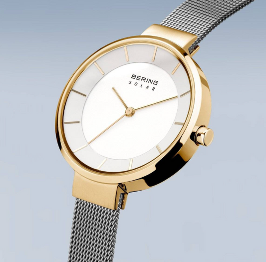 Solar Polished / Brushed Silver and Gold Thin Strap Female Watch, view 3