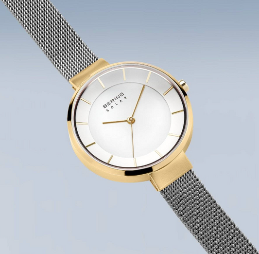 Solar Polished / Brushed Silver and Gold Thin Strap Female Watch, view 4