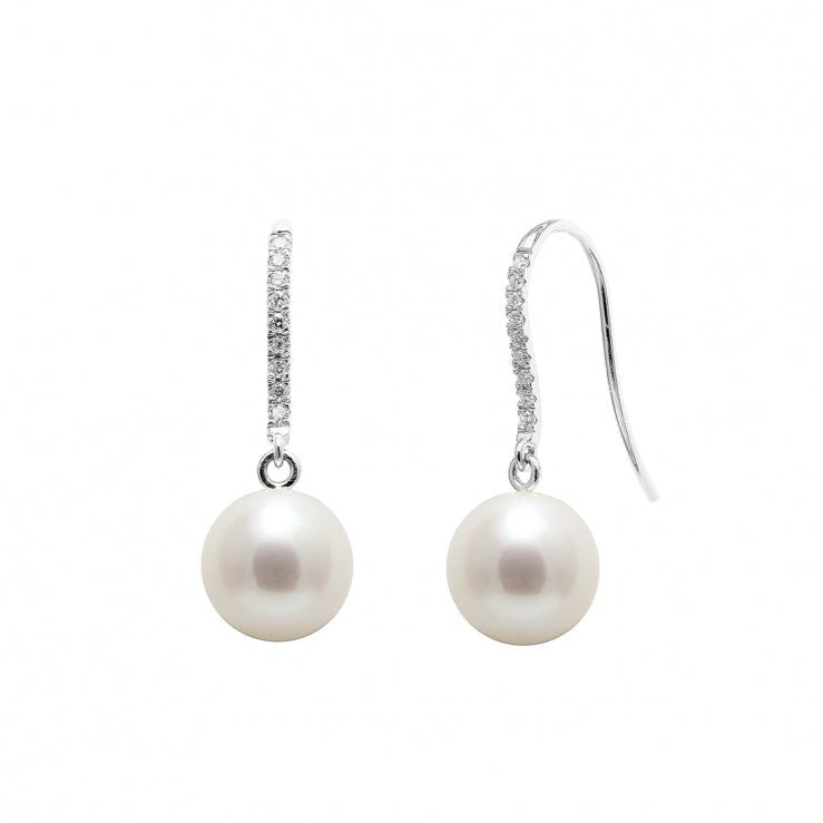 18ct White Gold Diamond Set Cultured Pearl Earring Drops
