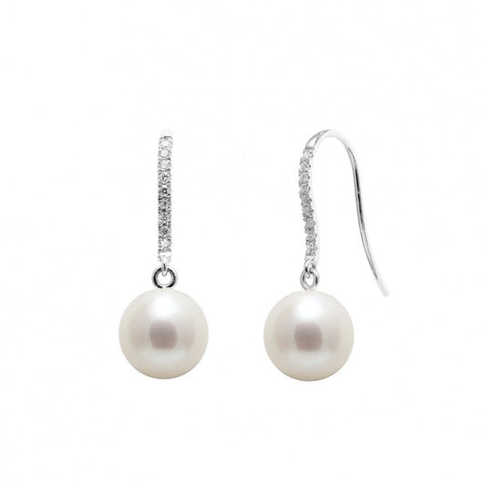 18ct White Gold Diamond Set Cultured Pearl Earring Drops