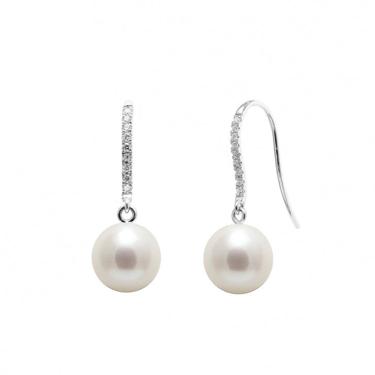 18ct White Gold Diamond Set Cultured River Pearl Earring Drops
