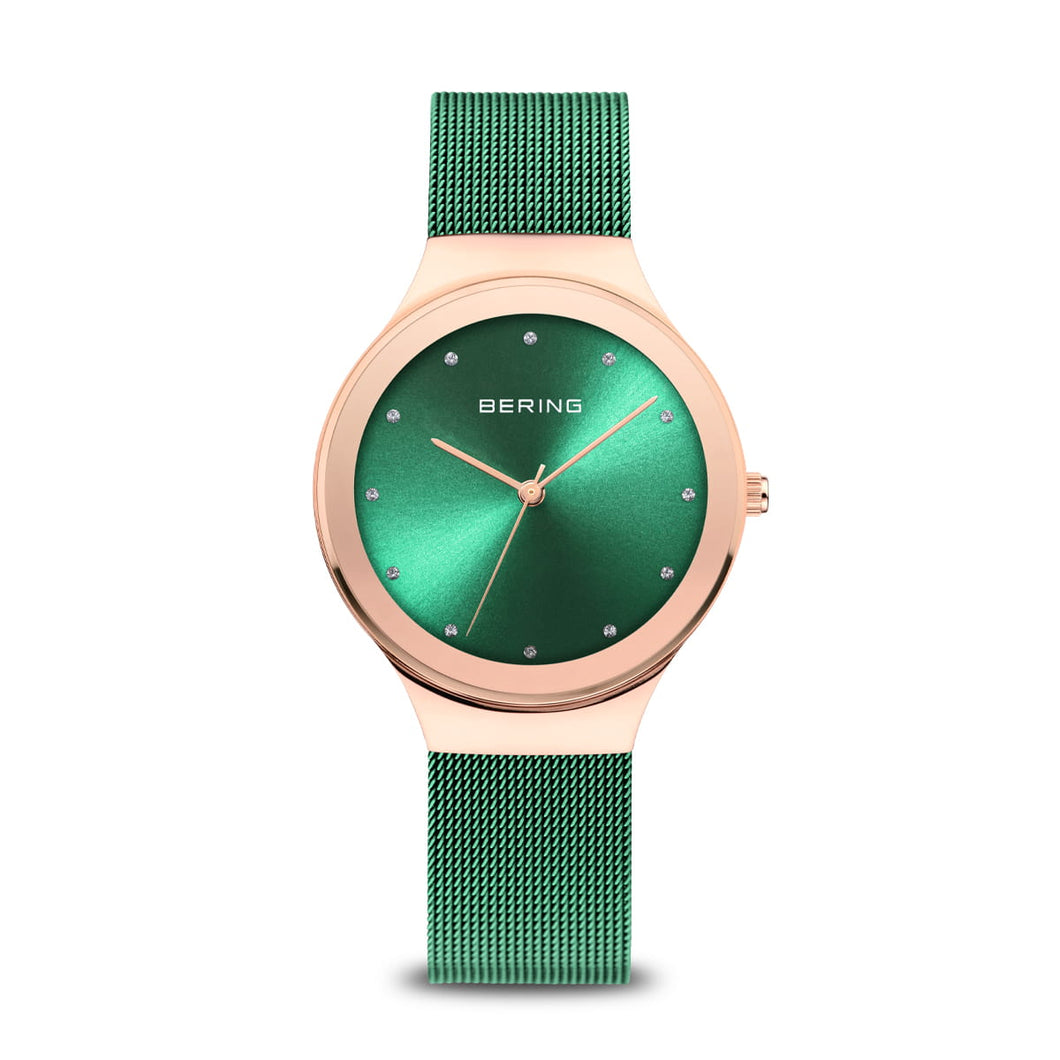 Bering polished rose gold coloured green mesh strap Ladies Watch