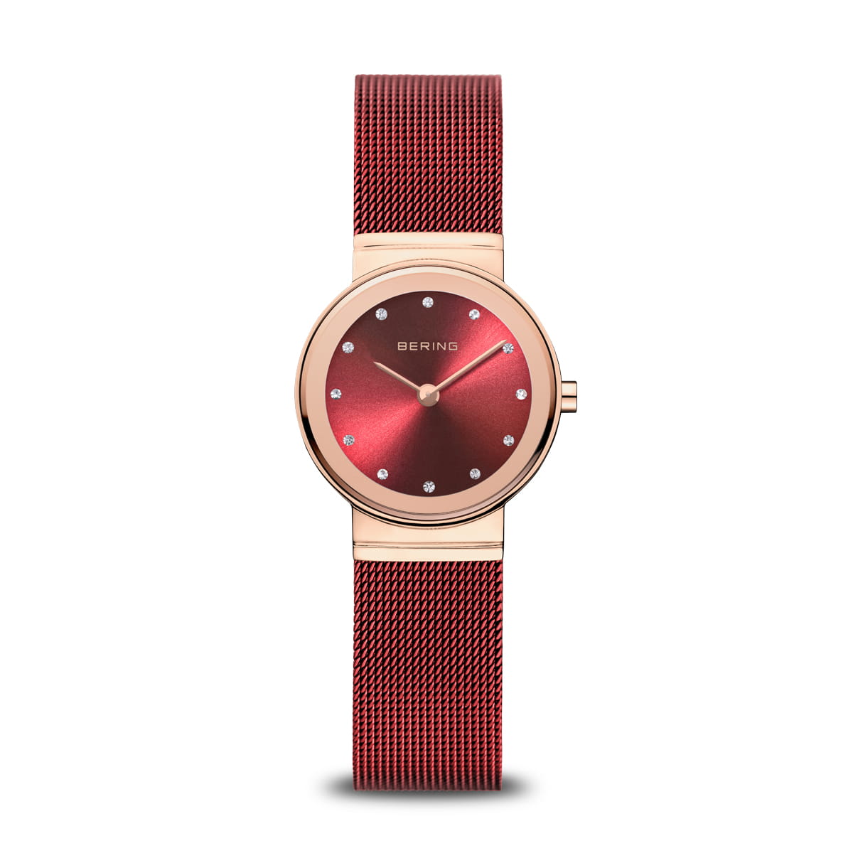 Bering Rose Gold Coloured Red Mesh Strap Ladies Watch