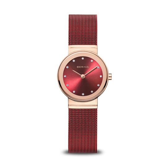 Bering Rose Gold Coloured Red Mesh Strap Ladies Watch
