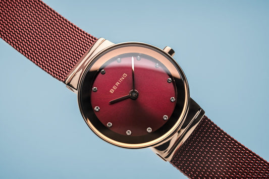 Bering Rose Gold Coloured Red Mesh Strap Ladies Watch, view 2