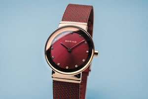 Bering Polished Rose Gold Coloured Red Mesh Strap Ladies Watch