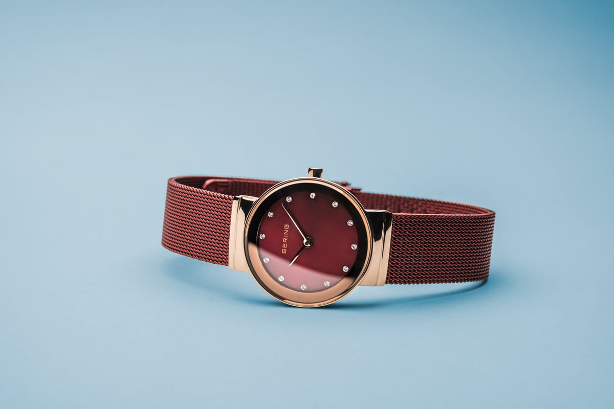 Bering Rose Gold Coloured Red Mesh Strap Ladies Watch, view 4