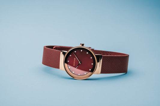 Bering Rose Gold Coloured Red Mesh Strap Ladies Watch, view 4