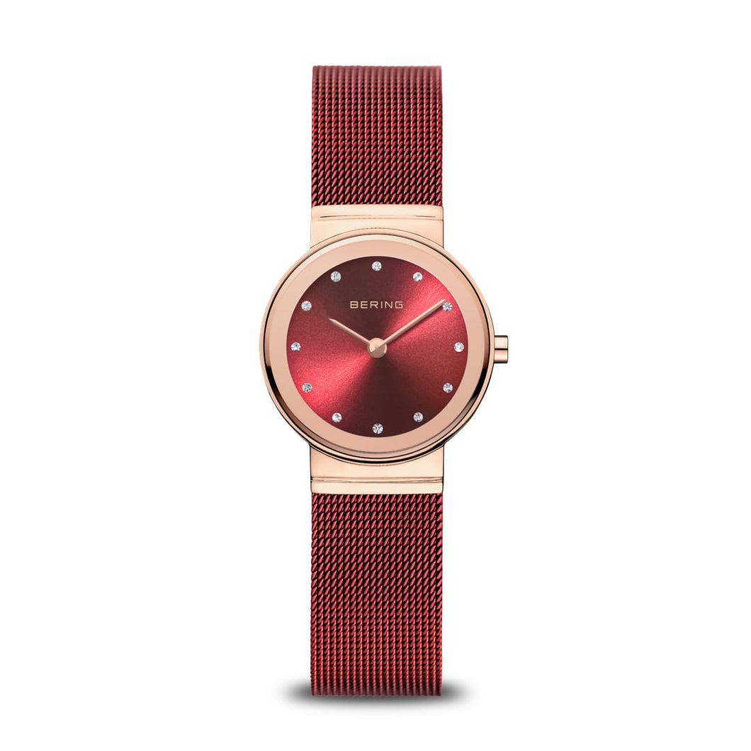 Bering polished rose gold coloured red mesh strap Ladies Watch